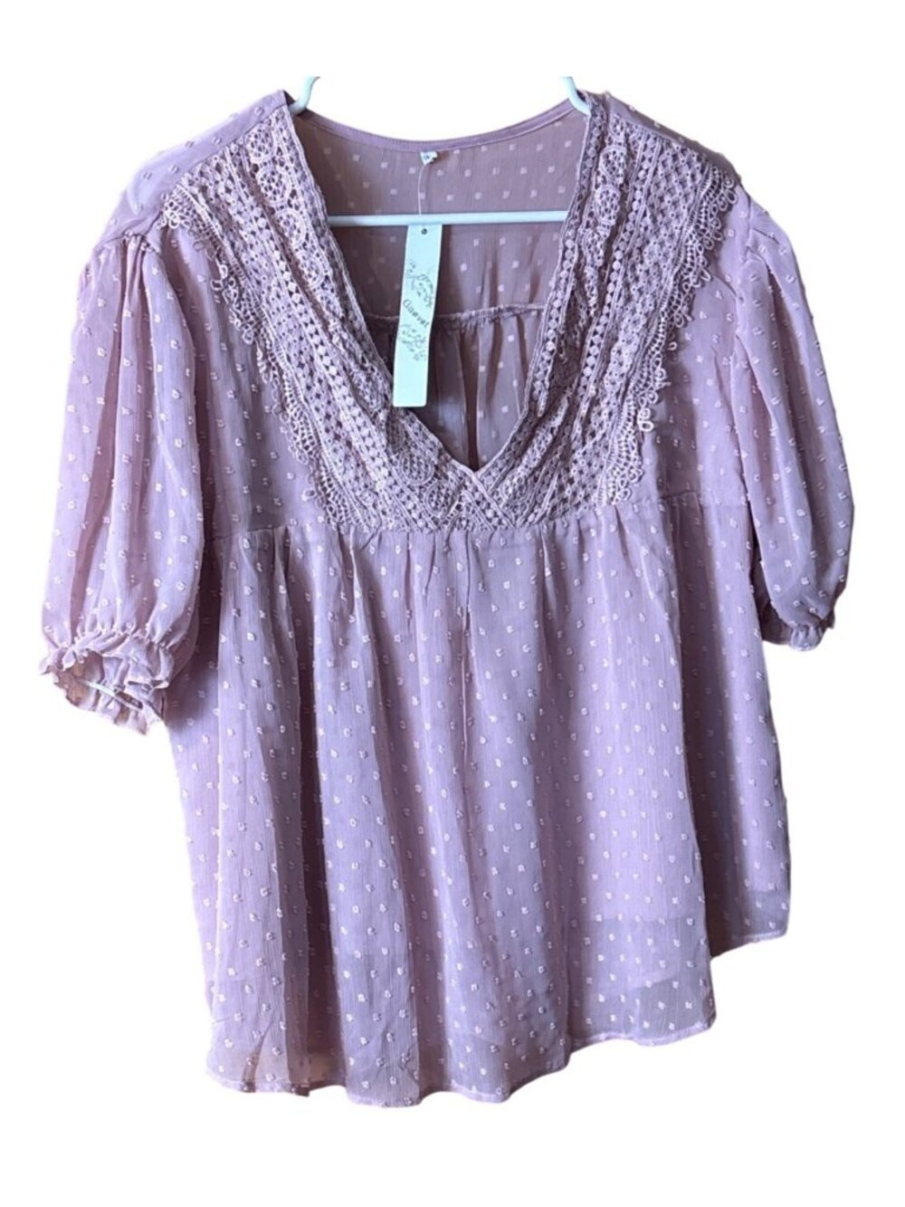 Gaovat Women’s Pink Swiss Dot Lace V-Neck Blouse Size Large Short Puff Sleeves
